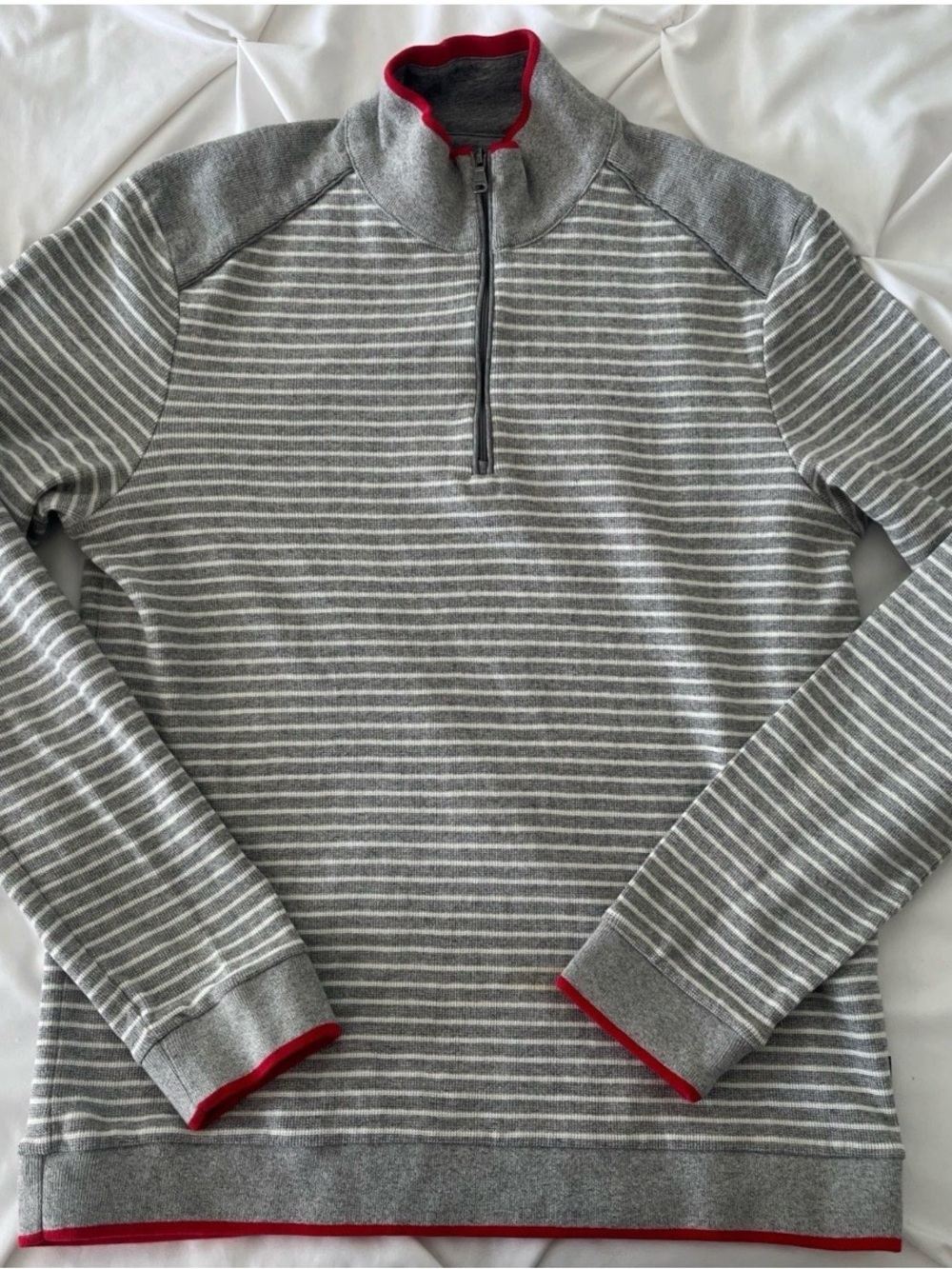 Hugo Boss Grey and Red Striped Half-Zip Sweater